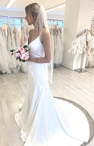 Perlen Brautschleier mit Kämmen 1 Tier, Schleier mit perlen, Wunderschönen Schleier mit Perlen Schnitt Kante Hochzeit Zubehörteil zum Braut (Floor 183 cm, Weiß)