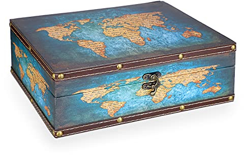 SUMNACON Vintage Treasure Storage Box with Latch 27.2*21.5*9.4cm, Green Map | Wooden PU Leather Jewelry Trinket Box Rectangle Keepsakes Organizer Box for Jewelry, Treasure, Keepsake (Only Box)