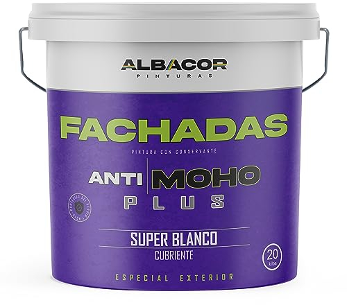 ALBACOR Pintura Blanca Exterior Pintura Fachada Antimoho Plus, Con Protección al Moho y Verdín, Alta Resistencia al Exterior, Impermeable, Revestimiento de Larga Duración (20 Kilos)