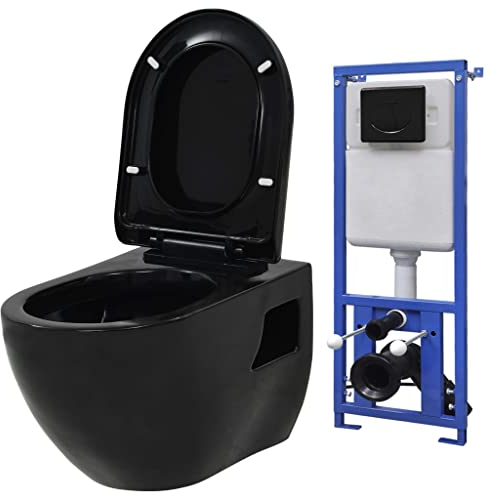 JUNZAI WC sospeso con cassetta a scomparsa in ceramica nera, moderno WC con chiusura rallentata