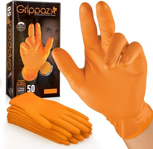 RAP Nitrile Disposable Work Gloves Small Orange Pack of 50 Non Slip | Latex free, raised textured grip surface, thicker gauge for reuse, ideal for workshops, mechanics, industry and DIY