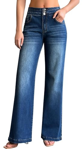 roswear Jeans da Donna a Gamba Larga Casual a Vita Alta, Elasticizzati, Larghi Pantaloni in Denim, Blu, L