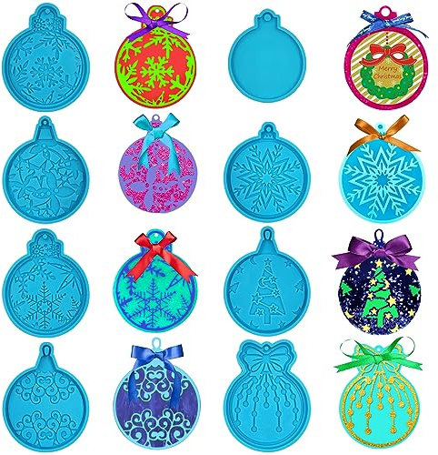 8 Stück Weihnachts-Harzformen, FineGood Schneeflocke, runde Silikonform für Harzguss, Ornament, Anhänger, Epoxidharz-Formen für DIY-Weihnachtsbaum-Dekoration