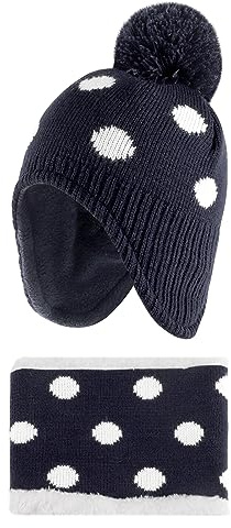 LACOFIA Baby pojkar flickor vintermössa och krage halsduk set stickad småbarn öronflikar mössa barn varm fleece foder hatt med pompom, 2-pack, Marinblå Prickig, 12-24 Månader