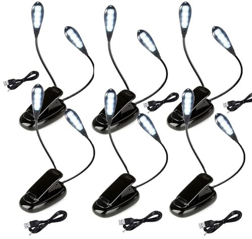 KINGCOO Luce per leggio, flessibile a doppia testa, 8 LED, con morsetto USB da scrivania, a batteria, lampada da lettura a 2 livelli di luminosità, per topi di biblioteca, pianoforte, bambini e viaggi