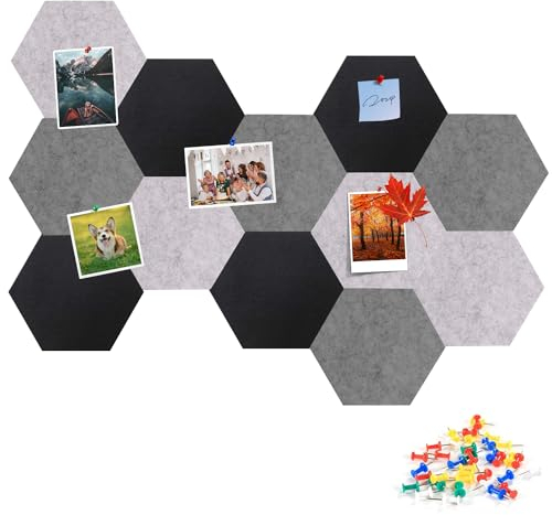 Gute Felt Pin Boards, Pack of 12 Hexagonal Self-Adhesive Cork Board, 22 x 19 cm Large, DIY Memo Boards for Photos, Schedules, Bulletin Board for Children's Room, Classroom, Office, 50 Push Pins a