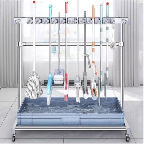 colgador escobas y fregonas Soporte Colgador Para Fregona Con Ruedas, Acero Industrial Independiente Almacenamiento De Escobas Utility Rack, Hogar/ Garaje/ Jardín/ Carro De Herramientas, Carga 220lbs