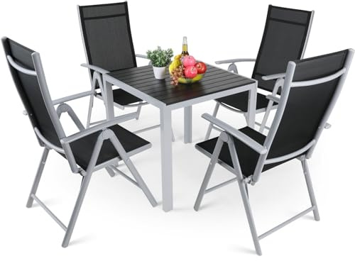 LIFERUN Trädgårdsmöbelset 5 delar aluminium, WPC-bord och 4 hopfällbara stolar, hög rygg, väderbeständig för terrass och utomhus, silvergrå