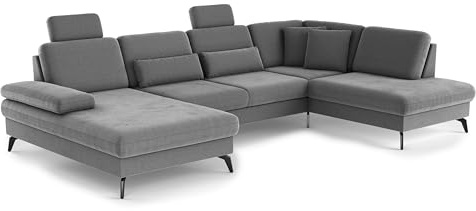Cavadore Wohnlandschaft Moritz / Sofalandschaft mit Longchair im trendigen Design, Sitztiefenverstellung, Kopfstützen und mattschwarzen Metallfüßen / 335 x 82-107 x 212 / Mikrofaser, Mittelgrau