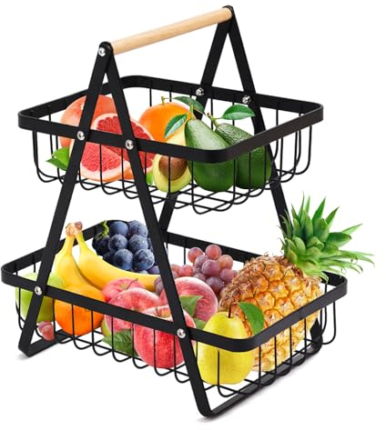 Mualady 2 Tier Fruit Basket, Vegetable Baskets for Kitchens, Countertop Fruit Bowl, Fruit Veg Basket Storage, Black Metal Wired Fruit Rack, Large Two Tiered Fruit Bowl