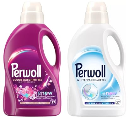 PERWOLL Flüssig-Set 2x 27 Waschladungen (54WL) 1x Color Blütenrausch & 1x White, Feinwaschmittel-Set reinigt sanft und erneuert Farben/Weiß und Fasern, mit Dreifach-Renew-Technologie