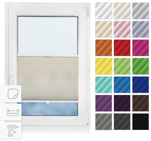 Estika Plissee zum kleben 60 cm x 50 cm - Elfenbein - Plissee kleben, Plissee ohne Bohren, Rollos für Fenster ohne Bohren, Jalousien Fenster für innen, Fenster plissee