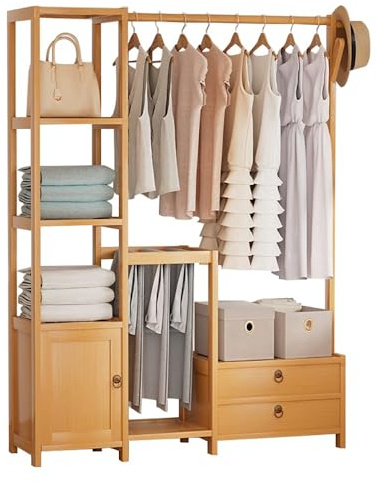 angelfanmily Bamboo Clothes Rail, Clothes Rack with Hanging Rod, Free Standing Garment Rack with Storage Shelves Coat Rack, Open Wardrobe Clothing Hanger Storage Organiser for Bedroom Hallway