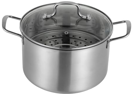 WooDerson 4L 410 Edelstahl Suppentopf Kochtopf Mit Dämpfeinsatz Für 4-5 Personen, Mit Dampflöcher Und Griffe, Topf Durchmesser 25cm, Durchmesser Des Unteren Topfes 22.5cm, Silber, Rund