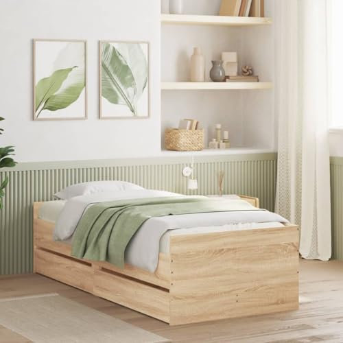 OHOOWOO Bettgestell mit Schubladen Sonoma-Eiche 90x200 cm,Modernes Bettgestell aus Holzwerkstoff mit Schubladen für Ordnung im Schlafzimmer