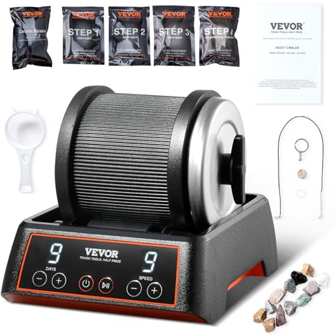 VEVOR Steinpolierset Steinpolierer 1,13 kg Kapazität 9 Geschwindigkeitsstufen, 9-Tage-Poliertimer Steinschleifmaschine mit groben Edelsteinen & Polierkörnern, Steinpolierer Liebhaber Schwarz