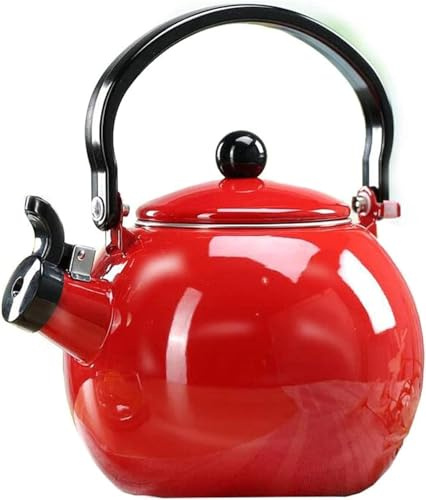 Théière sifflante en émail – Bouilloire de cuisinière de 2 L avec poignée pliable résistante à la chaleur pour tous les types de poêles (rouge)