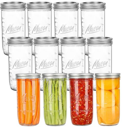 24 oz Wide Mouth Mason Jars - Canning Jars with Metal Airtight Lids and Bands, 24 ounce Mason Glass Jars for Fermenting, Pickling, Meal Prep, Overnight Oats, Jam, Jelly, DIY Projects (12 pack)
