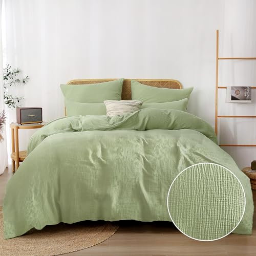 TOCOMOA Ropa de cama doble de muselina de 135 x 200 cm, 3 piezas, color verde, estilo lino, con 1 funda de almohada de 80 x 80 cm y funda de almohada de 40 x 80 cm, Öko-Tex, funda nórdica con