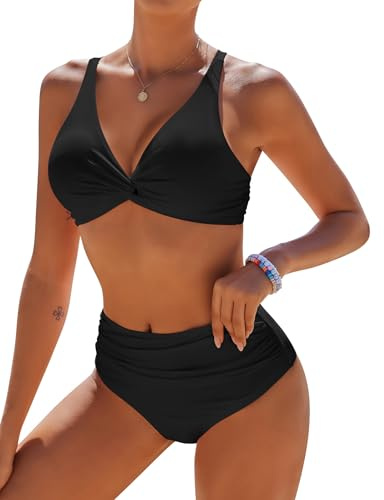 AI'MAGE High Waisted Bikini Set Women Sexy Halter Neck 2 Piece Swimsuit Black S