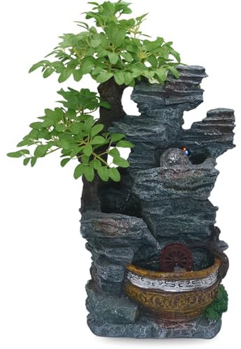 Fuente de agua de mesa de 20 pulgadas con bola de cristal giratoria iluminada por LED, cascada en cascada y conexión USB, fuente decorativa zen para interiores con árbol artificial realista para el