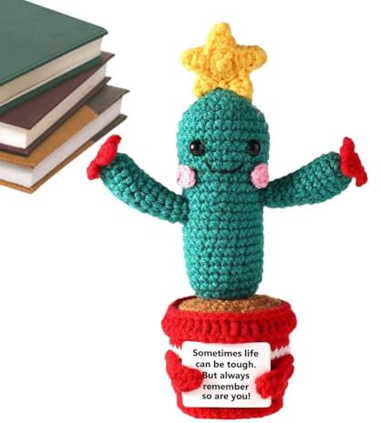 Inspirational Crochet Doll - Knitted, Positive Energy | Handmade Cactus Plush with Motivational Message, Soft Wool Doll for Encouragement, Decorative Gift for Everyone