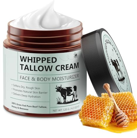 Beef Tallow Face Cream Grass Fed, Sego di Manzo per la Cura della Pelle, Balsamo di Sego e Miele Biologico al 100% Naturale per Viso e Corpo, Idratazione Profonda, Lenisce la Secchezza, 120G