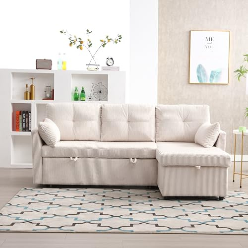 Autheria Velvet Beige L-Form 3-Sitzer Modernes Sofa-Bett mit Schlaffunktion und Storage Seats, 206 cm Länge, 130 cm Breite, 66-88 cm Höhe