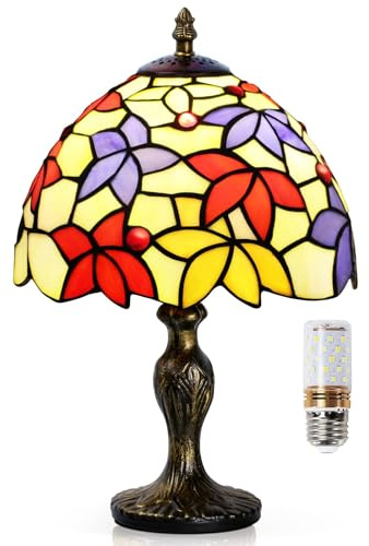 WEEKSUN Lámpara de Vidrieras, Vintage con Bombilla, Pantalla de Vitral Artesanal, Ideal para Dormitorio, Mesita de Noche, Estudio y Oficina (Estilo Hoja de Arce)