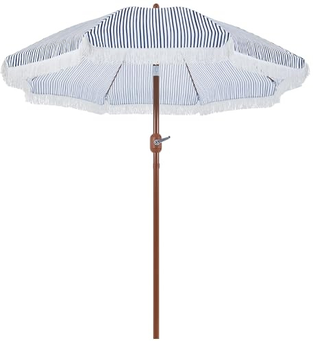 Abician Parasol de Jardin à Franges Ø236 x 228cm, Parasol d'extérieur Inclinable, Protection UV, Imperméable, avec 8 Baleines,Manivelle, Housse de protection Bleu/Blanc
