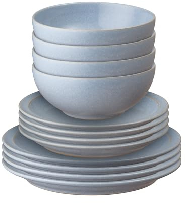 Denby - Sky Blue Dinner Set for 4-12 Piece Ceramic Tableware - Dishwasher Safe, Durable Crockery - Hand Glazed Stoneware Plate & Bowl Set - Includes 4 x Dinner Plates, Small Plates, Cereal Bowls
