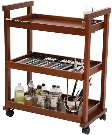 DJAR Rolling Art Supplies Cart, Solid Beech Wood Art Supply Organizert with Caster Wheels, Utility Cart for Adults, Artists, (Walnut, Basic)