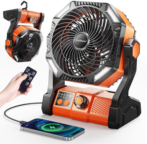 Ventilador de camping, 20,000 mAh, recargable, funciona con batería, ventilador de tienda de campaña para exteriores con luz y gancho, 6 velocidades, ventilador de escritorio USB personal para camping