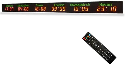 Orologio a LED con fusi orari mondiali con telecomando, display a 6 città, visibilità 25 m, 5 livelli di luminosità, ideale per aziende multinazionali, hotel e uffici