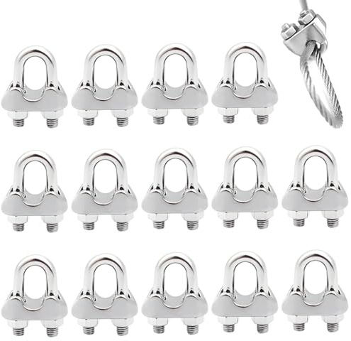 14 morsetti per fune M4, morsetti per fune metallica, 4 mm, morsetti per fune metalliche, 4 mm, morsetti per fune metalliche, morsetto per fune in acciaio inox, per cavi in acciaio, fissaggio a U