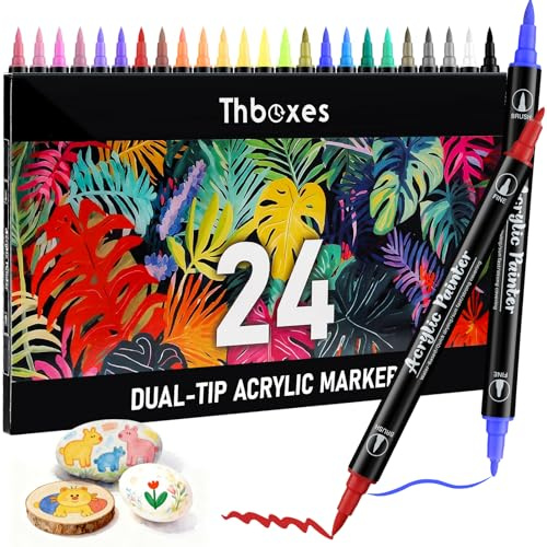 Thboxes Acrylic Paint Pens,24 Colours Dual Tip Acrylic Markers Felt Tip Pens Brush Pens Waterproof Colouring Pens Paint Pens for Rock Glass Fabric Easter Eggs Pumpkins DIY Crafts Making Art Supplies
