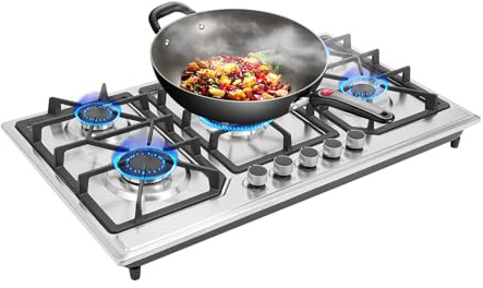 MEELRYD Plaque de cuisson à gaz 5 flammes 86 cm en acier inoxydable avec protection automatique de la flamme, GPL, gaz naturel, convertible, plaques à gaz pour une utilisation dans les cuisines