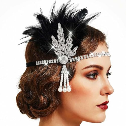 Reaky Fascia per capelli con piuma, copricapo Gatsby, con strass, per donna anni '20