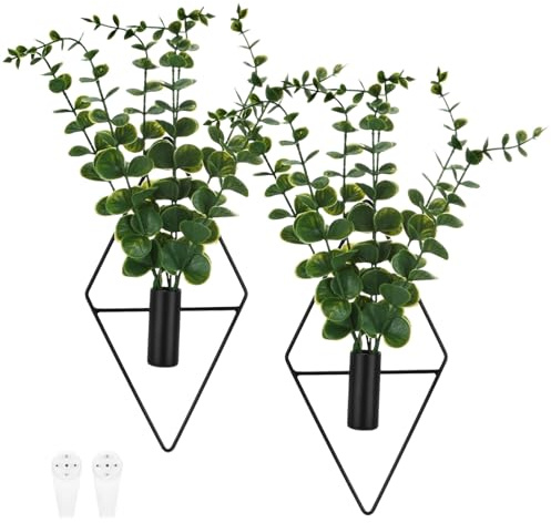 M METERXITY 2er Set Pflanzen Wanddeko Hängende Pflanzgefäße Mit Kunst Eukalyptus Metall Hängevasen Diamantförmige Wandhalterung Boho Raumdeko Für Garten/Terrasse/Wohnraum [Gold]