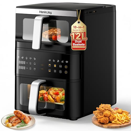 HoninJoy Double Stack Air Fryer, 12L, 2 Drawers With Viewing Window | Dual Air Fryer, 4 and 8L Non Stick Baskets, 10-in-1 Digital Touchscreen, for Roast, Bake, Reheat, Dishwasher Safe Baskets