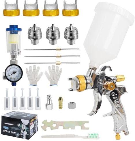 Poweka HVLP Lackierpistole Set, 4 Düsen, 600-ml-Farbbecher | Druckluft-Spritzpistole mit 1,4/1,7/2,0/2,5-mm-Düsen, Manometer und Wasserabscheider für Auto, Möbel und Holz, inkl. Zubehör