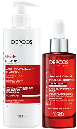 Vichy, Dercos, Routine Anti-Chute des Cheveux, Shampooing Stimulant 400ml, Sérum Régénératif R.E.G.E.N. Booster 90ml, Enrichis en Aminexil, Lot de 2 produits
