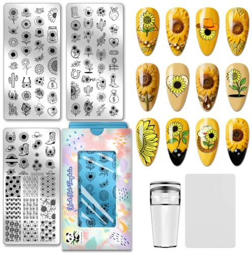 PH PandaHall 3pcs Girasole Nail Stamping Piastra Cowboy Stivali Cappello Nail Stamper Cactus Unghie Arts Stencil Western Nails Art Design In Acciaio Inox Manicure Piastre Immagine per Le Donne FAI DA