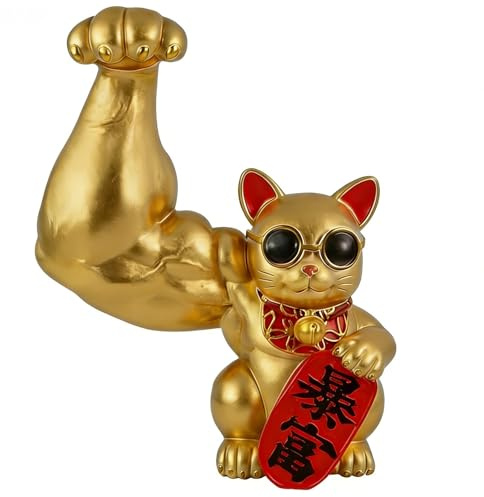 Statuette Porte-Bonheur Chat Musclé, Maneki-Neko Doré Amusant, Décoration for la Maison ou Le Bureau et Figurine Chanceuse Cadeau