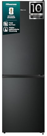 Hisense RB3N300NEFA Kühl- Gefrierkombination/Total NoFrost/Türöffnung bis 90°/Multiflow 360°/Flaschenhalter/FreshZone/304L (207+97)/Advanced/BxHxT: 59,5×186×59cm/ Schwarz [Energieklasse A]
