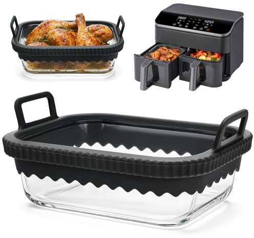 Fuente para horno con asas de silicona para Ninja Cosori Philips, recipiente de cristal resistente al calor, resistente al desgaste, apto para lavavajillas, anillo de silicona extraíble para freidora