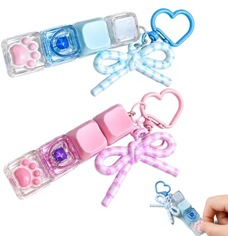 2Pcs Finger Keyboard Fidget Toy Set with Keychain Clicker, Blue & Pink | Portable mini keyboard clicker with 4 tactile keycaps for stress relief at office, travel or home