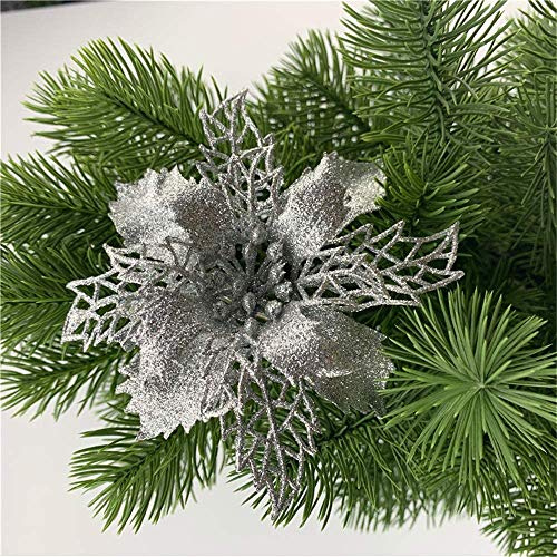 GLITZFAS Weihnachtsbaumschmuck, 12Stk 16cm Weihnachtsstern Glitzer Weihnachten künstliche Blume für Weihnachten Weihnachtsbaum Kranz Garland Ornament Party Dekoration (Silber)