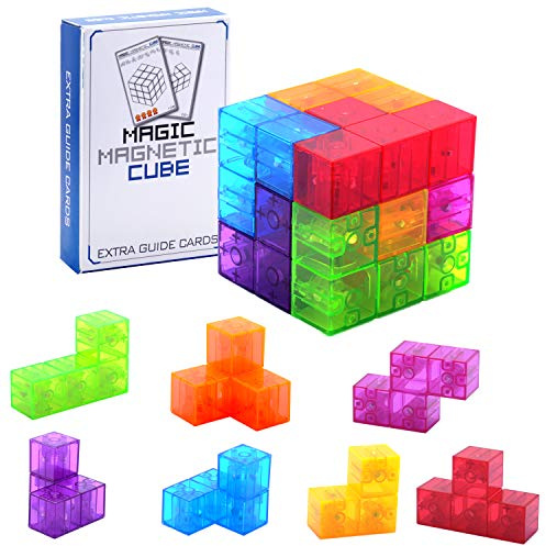 WorWoder Kids Magnetic Building Blocks Magic Magnetic 3D Puzzle Cubes, Set of 7 Multi Shapes Magnetic Blocks with 54 Guide Cards, Intelligence Developing and Stress Relief Fidget Toys for Kids (Blue)
