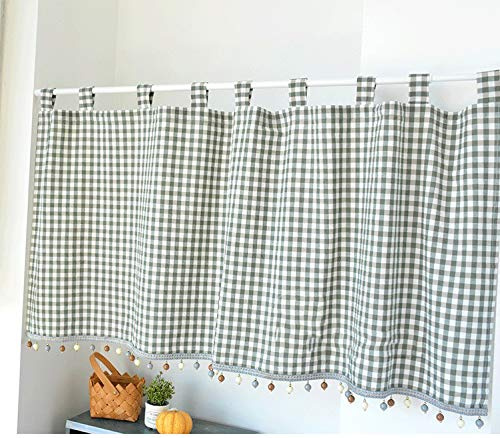 Elegant Schlaufenschal karo Gardine Karierte Küchengardine Bistrogardine | Halbtransparente Bistrogardine mit Kugeln-Kante Landhausstil mit Raffhalter (HxB 80x100cm, grün) 1 Stück